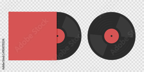 Vinyl vintage record red black in packaging, Gramophone LP record with long sound reproduction. CD disk of an old vintage player, Music hits 70s 80s 90s DJ party