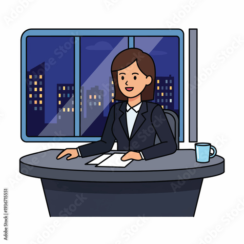 A cartoon woman sits at a desk in front of a city window