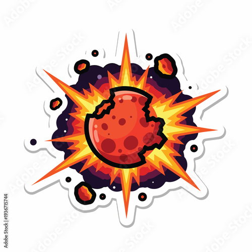 A cartoon asteroid explodes in a burst of flames