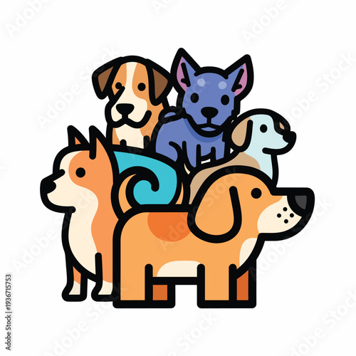 A colorful cartoon illustration of five dogs