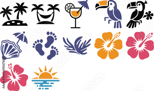 Vibrant Tropical Icons Set with Birds, Flowers, and Beach Elements Vector Design Elements