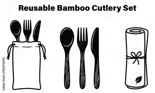Reusable bamboo cutlery set in eco friendly bag