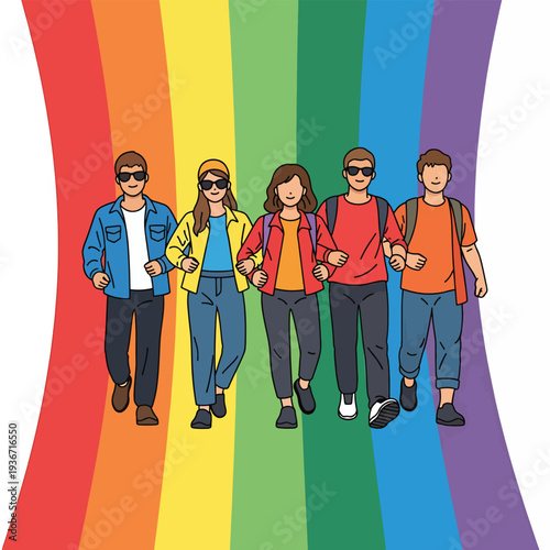 A group of five friends walking on a rainbow