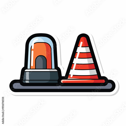 A cartoon illustration of a traffic light and cone on a base