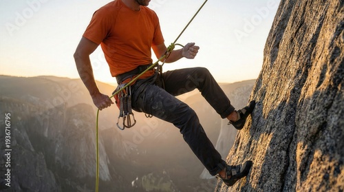 Male rock climber in orange shirt and black climbing pants ascends a vertical granite cliff with safety gear, harness, and climbing shoes, set against a backdrop of mountains and sunset sky