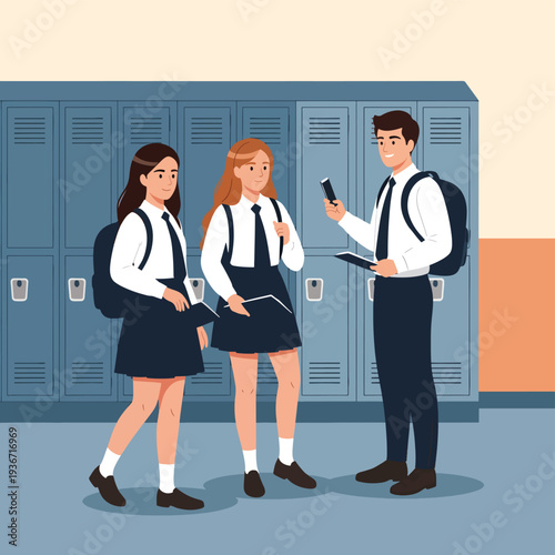 A male and two female students standing by school lockers