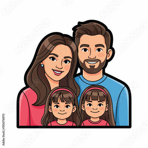 A cartoon family portrait with a man, woman, and two young girls