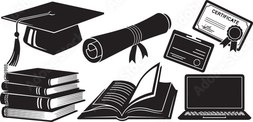 Graduation and education icons in black and white illustration