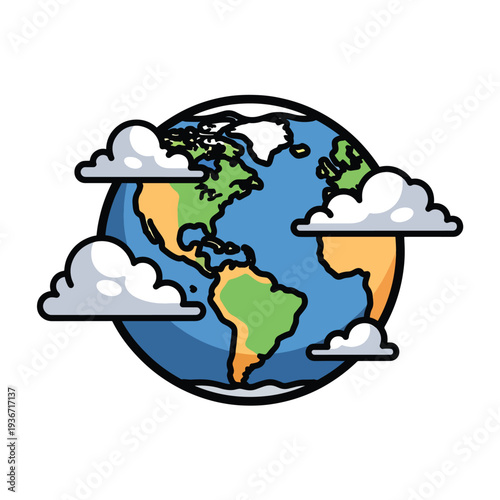 A colorful cartoon globe with clouds