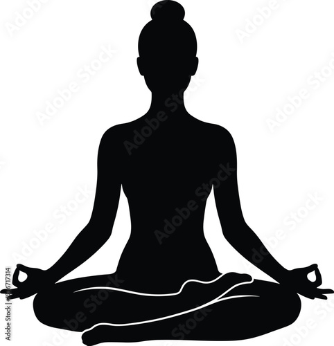 Detailed Illustration of a Woman in a Lotus Meditation Pose Featuring a Peaceful Yoga Silhouette Style for Wellness and Mindfulness