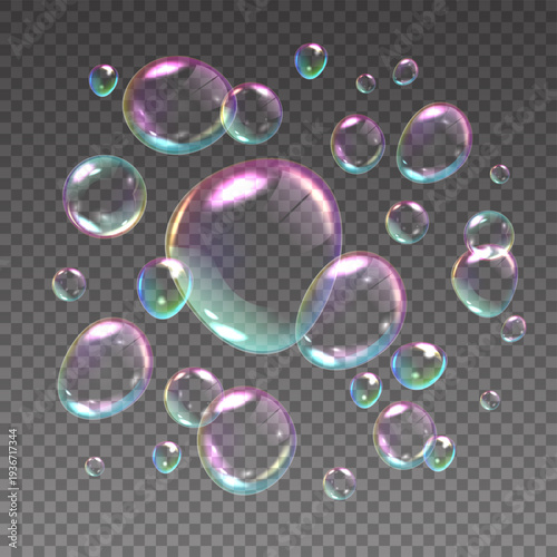 Flying soap bubbles. Realistic iridescent spheres with rainbow reflections floating on transparent background. 