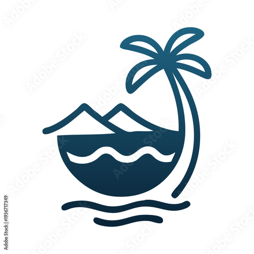 Logo agencia de viajes. Vacaciones de verano. Dibujo sencillo con líneas de la palma en una isla con montañas y olas de mar
