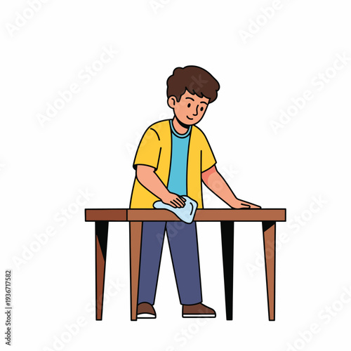 A cartoon boy wipes a table