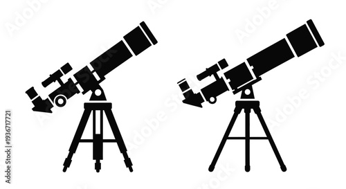 Two black telescope icons on white background simple silhouette