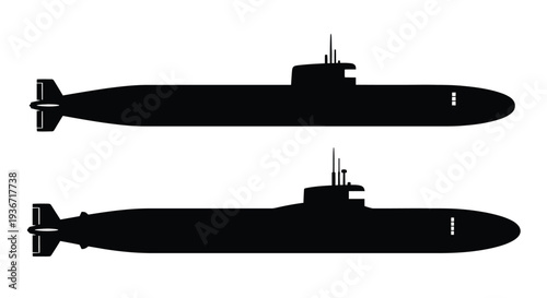 Two black submarines depicted in a stark graphic silhouette