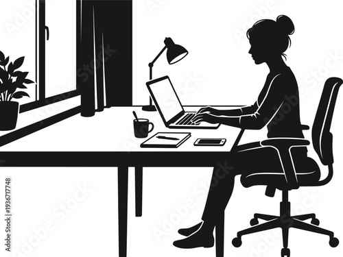 Detailed Illustration of a Woman Working on a Laptop at Her Desk in a Home Office Setup Featuring Minimalist Silhouette Style