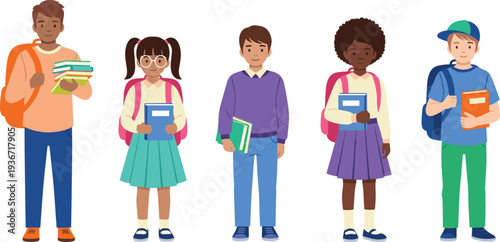 Group of diverse happy school children with backpacks and books, back to school concept flat vector illustration