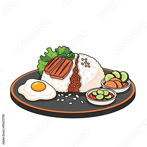A plate of food with rice, meat, egg and vegetables