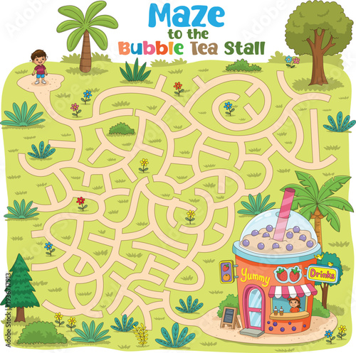 A playful maze shows a boy wanting to navigate winding paths to reach a cheerful drink stall.