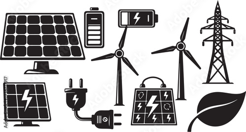 Renewable Energy Sources and Sustainable Power Solutions Icon Set