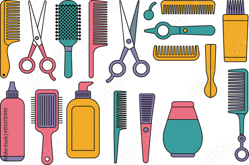 Hair care tools colorful illustration with combs and scissors