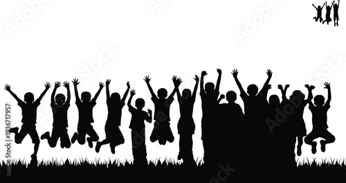 Black silhouettes of a large group of children jumping and cheering in a meadow, active childhood and freedom concept