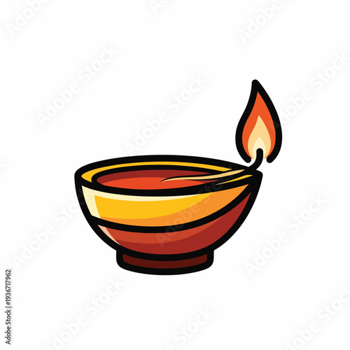 A cartoon-style illustration of a clay lamp with a flame