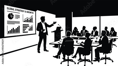 Detailed Illustration of a Business Presentation in a Modern Conference Room Featuring a Speaker, Global Strategy Charts, and Attentive Audience