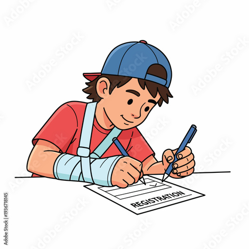 A cartoon boy with a broken arm signing a registration form
