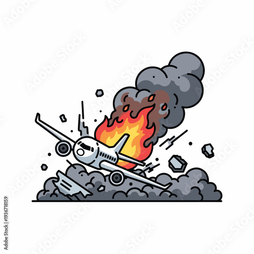 A cartoon plane crashing with fire and smoke