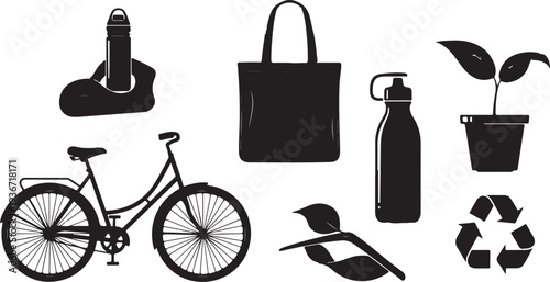Eco friendly lifestyle icons with bicycle and reusable items