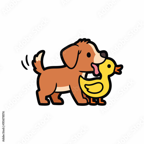 A dog playfully licks a duck