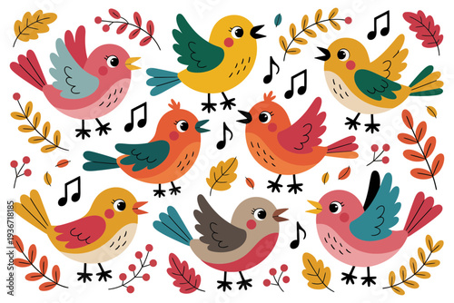 Bird colorful illustration with musical notes and autumn leaves