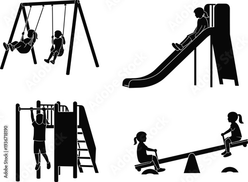 Set of black silhouettes of children playing on playground equipment, swings, slide, monkey bars and seesaw