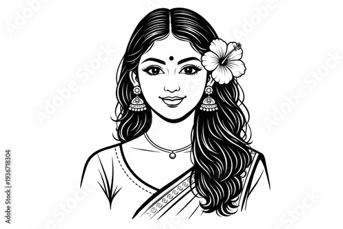 Indian Woman Portrait with Flower in Hair and Saree Line Art Illustration