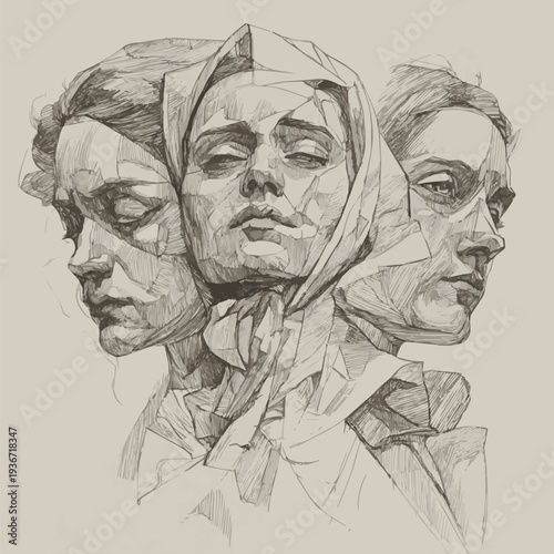 Generate A Illustration of pensive triple Antigone. Hand drawn Vector illustration