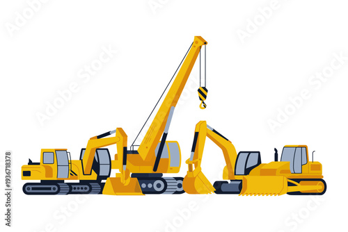 A yellow excavator illustration with construction equipment on a light background