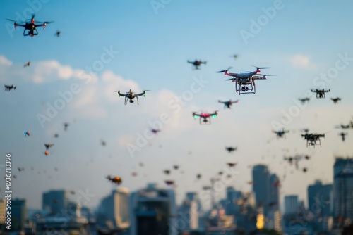 Drones flying against a blue sky background