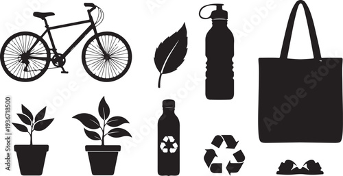 Eco friendly lifestyle icons for sustainable living and recycling
