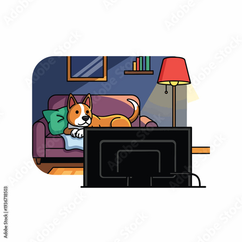 A dog on a couch watching TV in a cozy living room