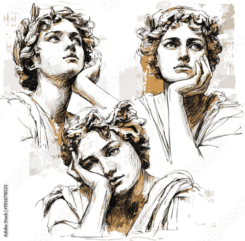 Generate A Illustration of pensive triple Antigone. Hand drawn Vector illustration