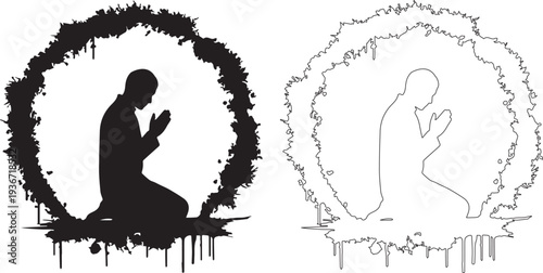 Meditation and brain creativity concept with silhouette and neural network vector illustration