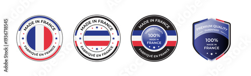 France  Product Labels – 100 Percent Quality Guarantee Badges with Flag Design, Certified Manufacturing Stamps and Premium Shield Icons