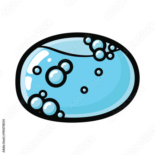 A cartoonish illustration of a blue oval with bubbles inside