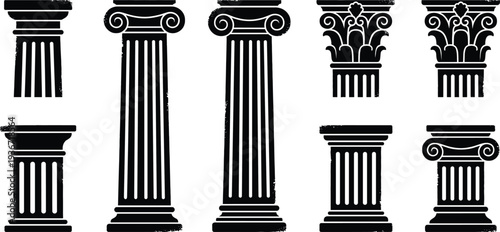 Ancient Greek Pillar Capitals and Architectural Column Set Silhouette Illustrations