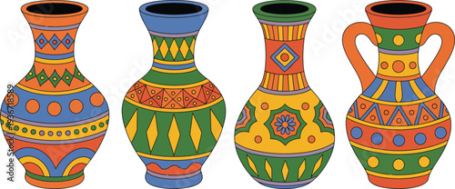 A colorful vase illustration set with various traditional designs and patterns