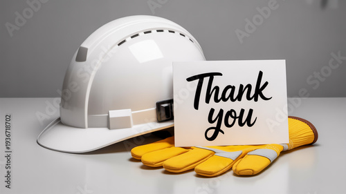 White hard hat and yellow work gloves with thank you note on a white surface construction