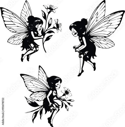 Three cute fairies flying with flowers vector illustration black and white flat design