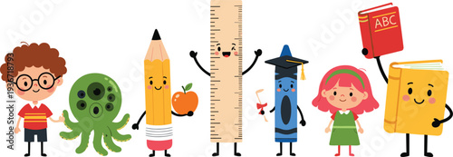 Set of cute school supplies characters including pencil, ruler, book, and crayon with happy children, back to school concept