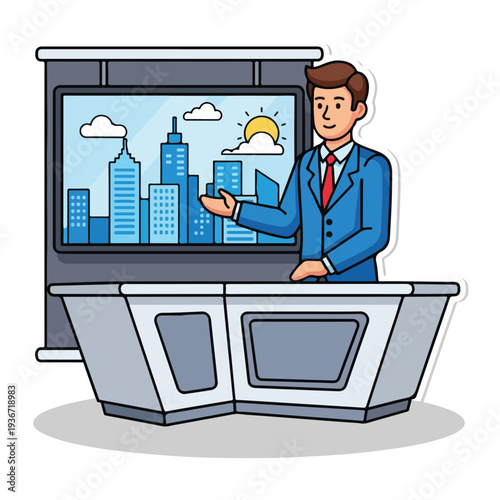A cartoon man in a blue suit presenting a cityscape